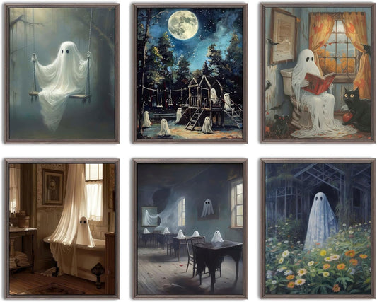 LANCHI95 6 Pcs 8x10in Halloween Wall Art Prints, Vintage Posters, Cute Ghost Pictures for Bedroom Decor (UNFRAMED)