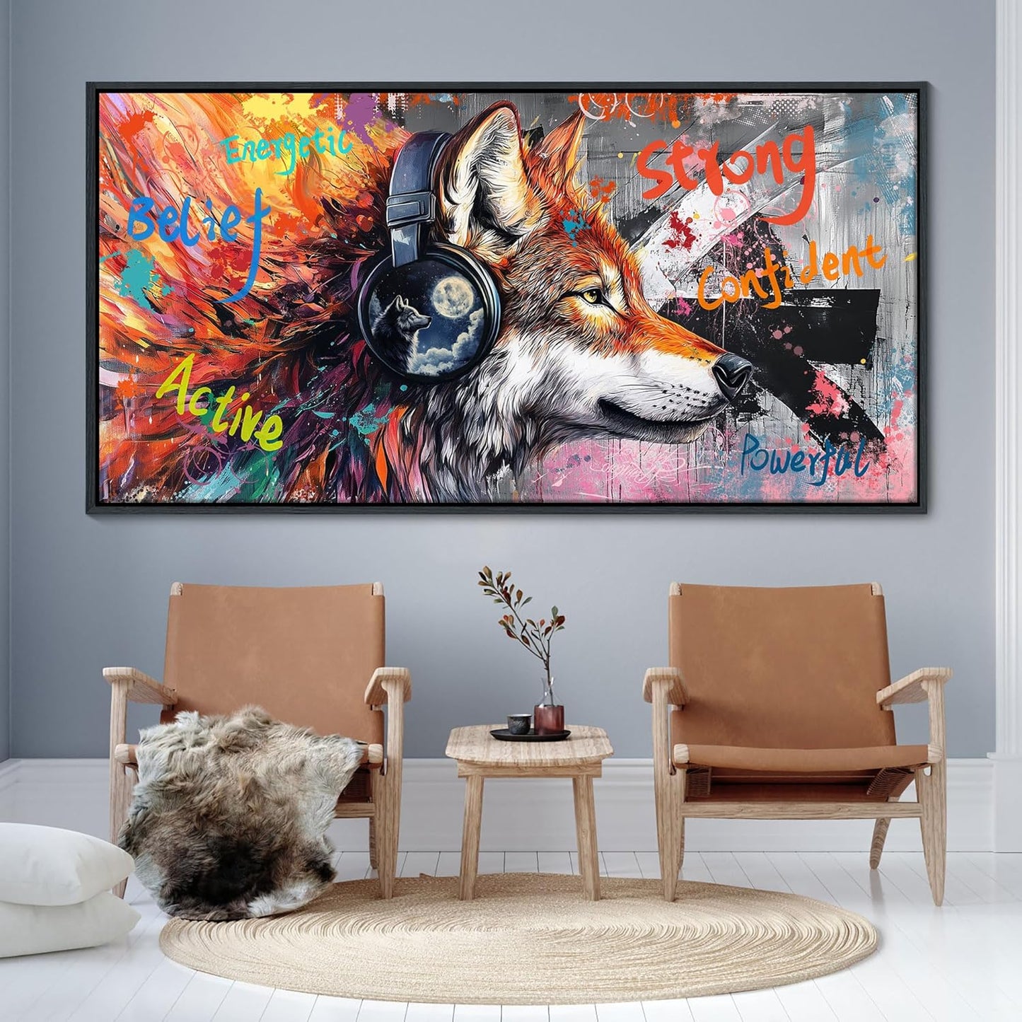 JEAWA Large Framed Wall Art, Modern Graffiti Street Art Funny Wolf with Headphones Pictures Canvas Painting for Living Room Bedroom Office Kitchen Home Inspirational Decor Gifts for Men 29x58