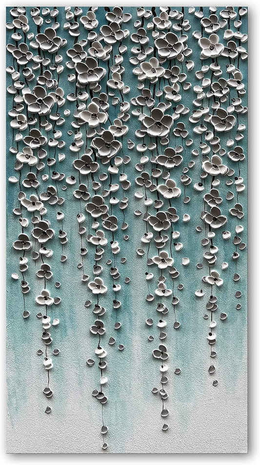 Epicler Large-Scale Oil Painting on Canvas Wall Art,46x23 inches Hand-Painted White Flower Wall Painting, Abstract Canvas Wall Art for Home Wall Decoration
