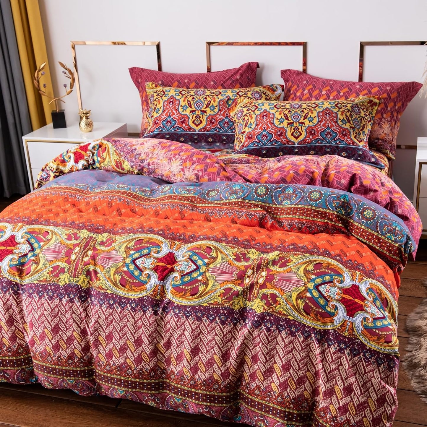 ABREEZE Bohemian Duvet Cover Set Colorful Orange Boho Retro Bedding Set Damask Paisley Cotton Duvet Cover Tribal Reversible Bedding Exotic Style Comforter Cover 3-Piece Full