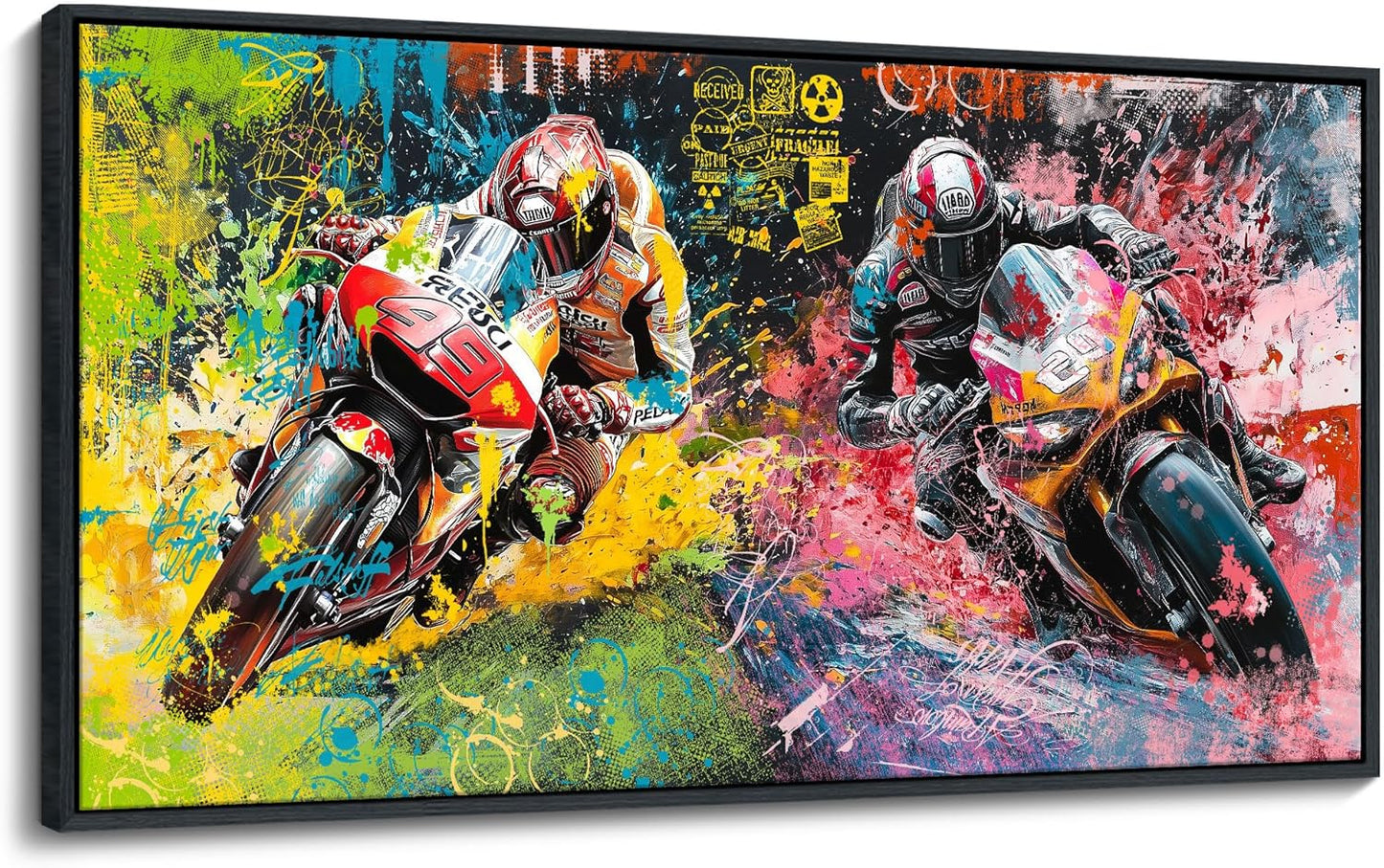 JEAWA Framed Canvas Wall Art - Large Abstract Painting Decor, Motorcycle Racing Color Graffiti Pictures, Modern Art Prints for Bedroom Living Room Bathroom Home Decoration, 29x58 IN