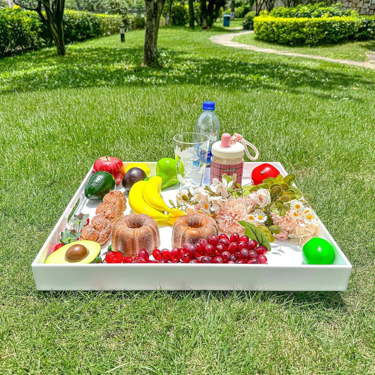 White Rectangular 18x20 Inches Acrylic Ottoman Tray Decorative Serving Tray with Cutout Handles Organizer Tray on Coffee Table Countertop Big Breakfast Bed Tray Living Room Appetizer Serving Food