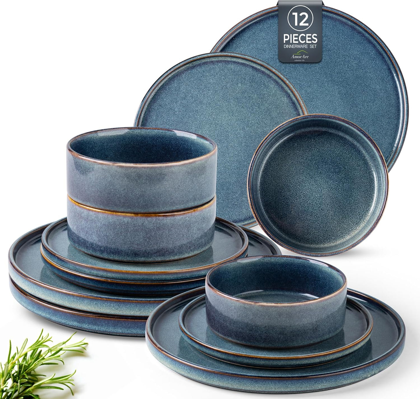 AmorArc Ceramic Dinnerware Sets, Handmade Reactive Glaze Stoneware Plates and Bowls Sets,Highly Chip and Crack Resistant | Dishwasher & Microwave Safe Dishes Set, Service for 4 (12pc)