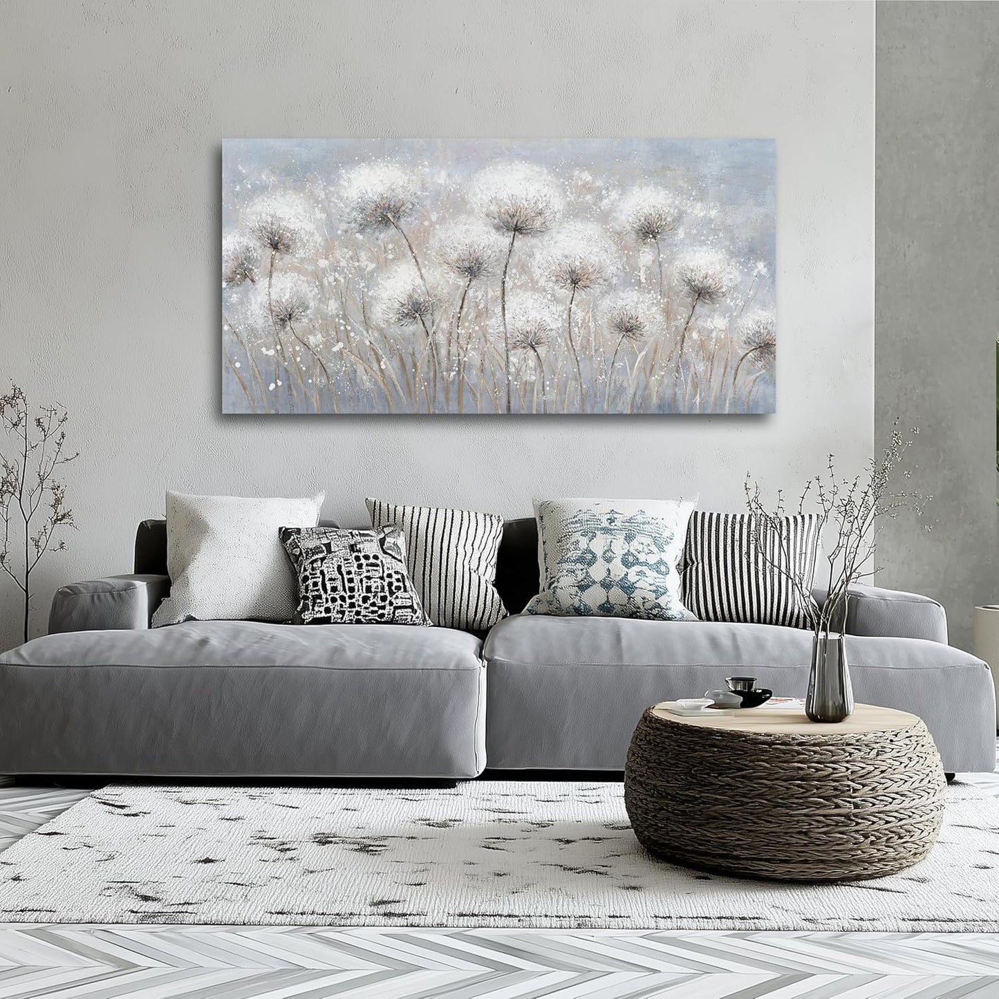 Belmrxne Large Dandelion Floral Wall White and Black Wall Decor Modern Aesthetic Artwork Trendy Canvas Painting for Living Room Bedroom Dining Room Office Home Decor 30x60 inch