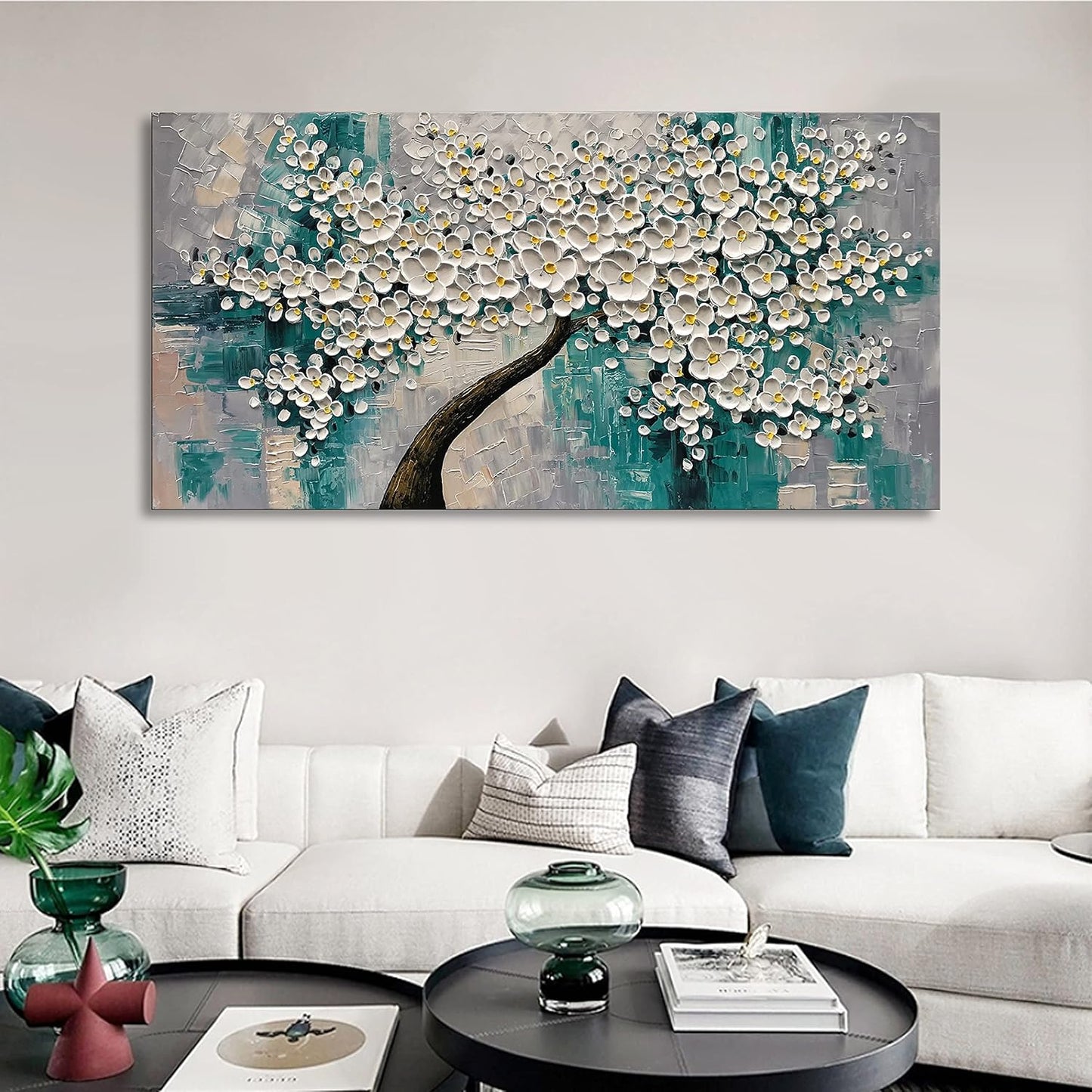 3D Abstract Art Oil Painting White Flower Tree Painting Textured Palette Knife White Flower Painting Modern Canvas Wall Art Home Decoration Home Painting (24x48 inches)