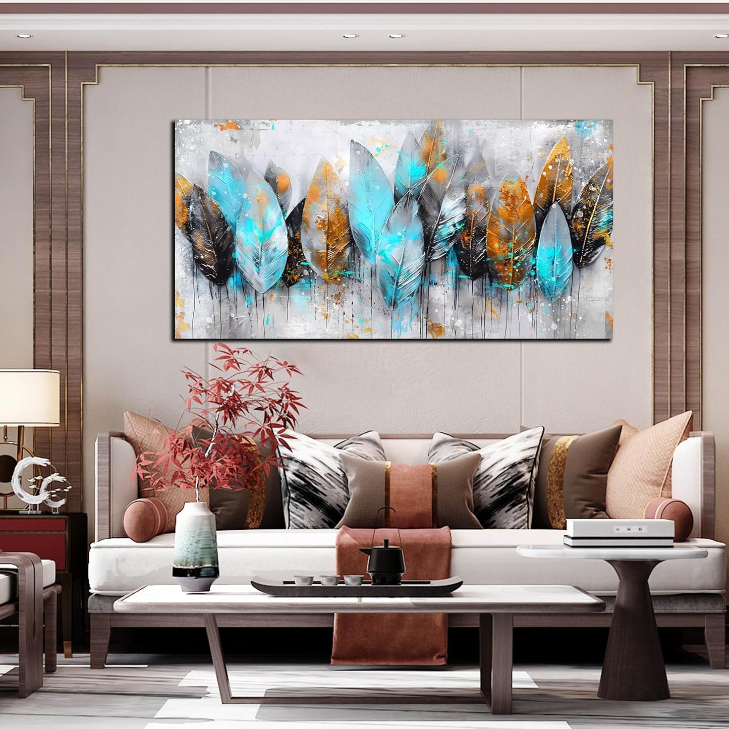 LAOTOART Leaf Canvas Wall Art - Modern Blue and Gray Living Room Wall Art - Abstract Artwork for Walls Ready to Hang Size 24" x 48"