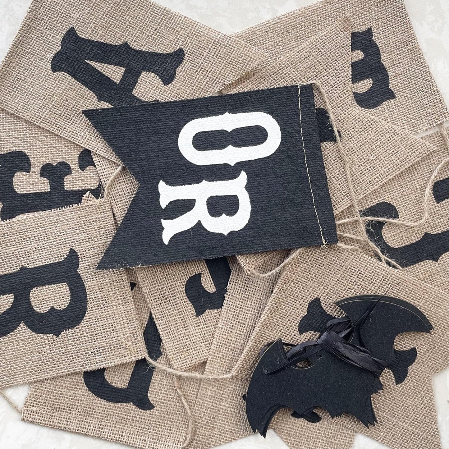 Uniwish Trick or Treat Burlap Banner Halloween Decorations for Mantel Fireplace Glitter Bat Garland Bunting Home Wall Decor Halloween Party Supplies
