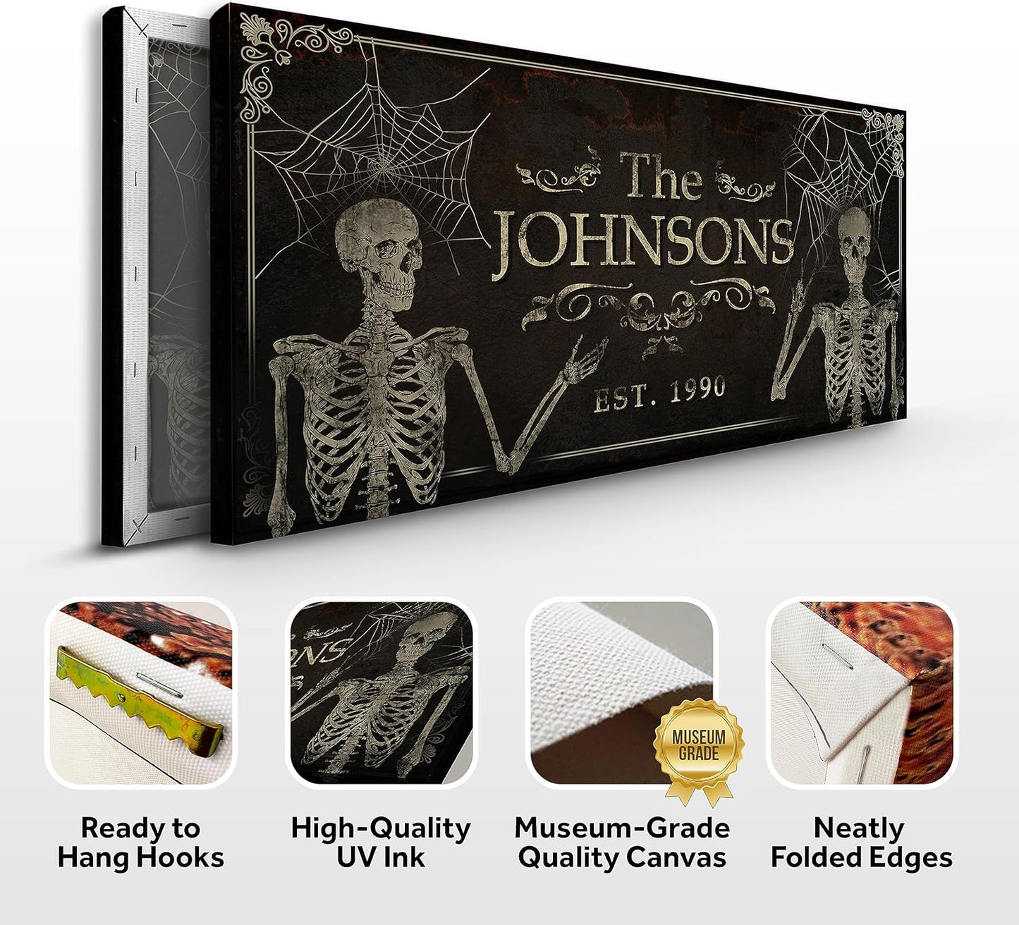 Tailored Canvases Gothic Family Wall Decor - Personalized Grunge Vintage Skeleton Room Decor for Home, Halloween Lovers, Men & Women for Bedroom, Living Room - Goth Spooky, Custom Couple Name, 60"x30"