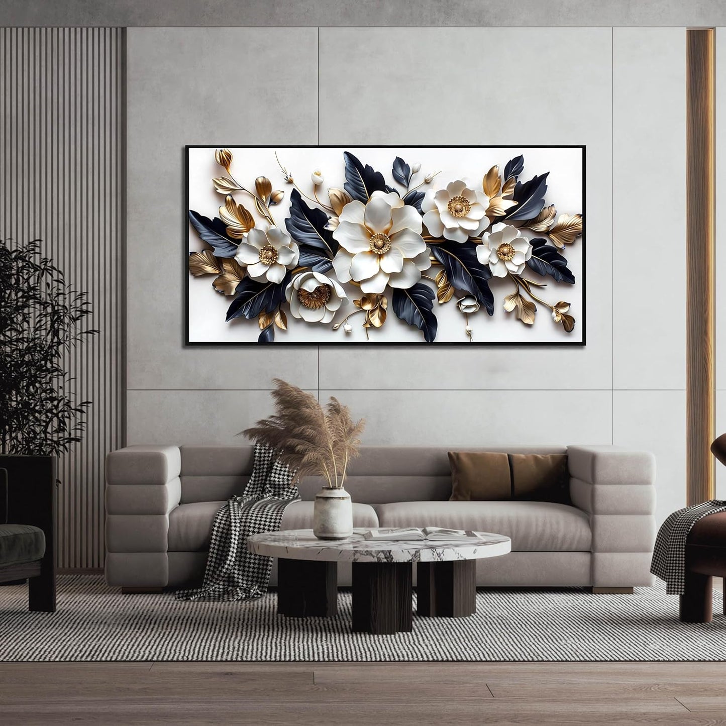 White Flowers Wall Art for Bedroom - White and Gold Wall Art for Office - Framed Wall Art for Living Room Large Size 29" x 59"