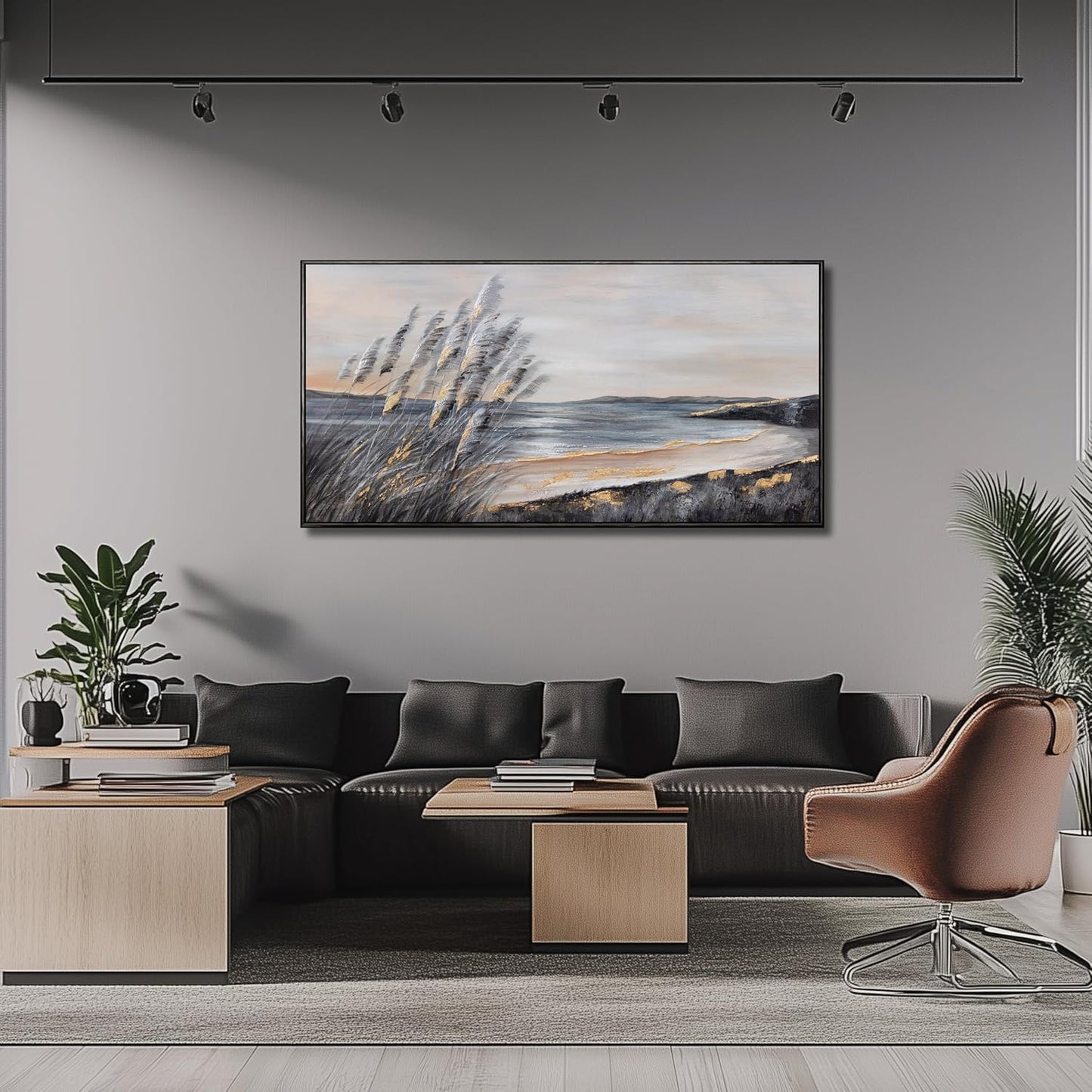 Yuaxker Coastal Wall Art Grey and Gold Wall Decor Trendy Artwork Framed Beach Canvas Painting for Living Room Bedroom Dining Room Office Home Decor 20x40 Inch