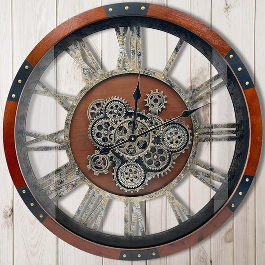 DORBOKER 40" Original Moving Gears Wall Clock, Large Industrial Wall Clock for Living Room Decor,Oversized Wood Vintage Farmhouse Steampunk Rustic Clocks for Wall Decor,Black Walnut