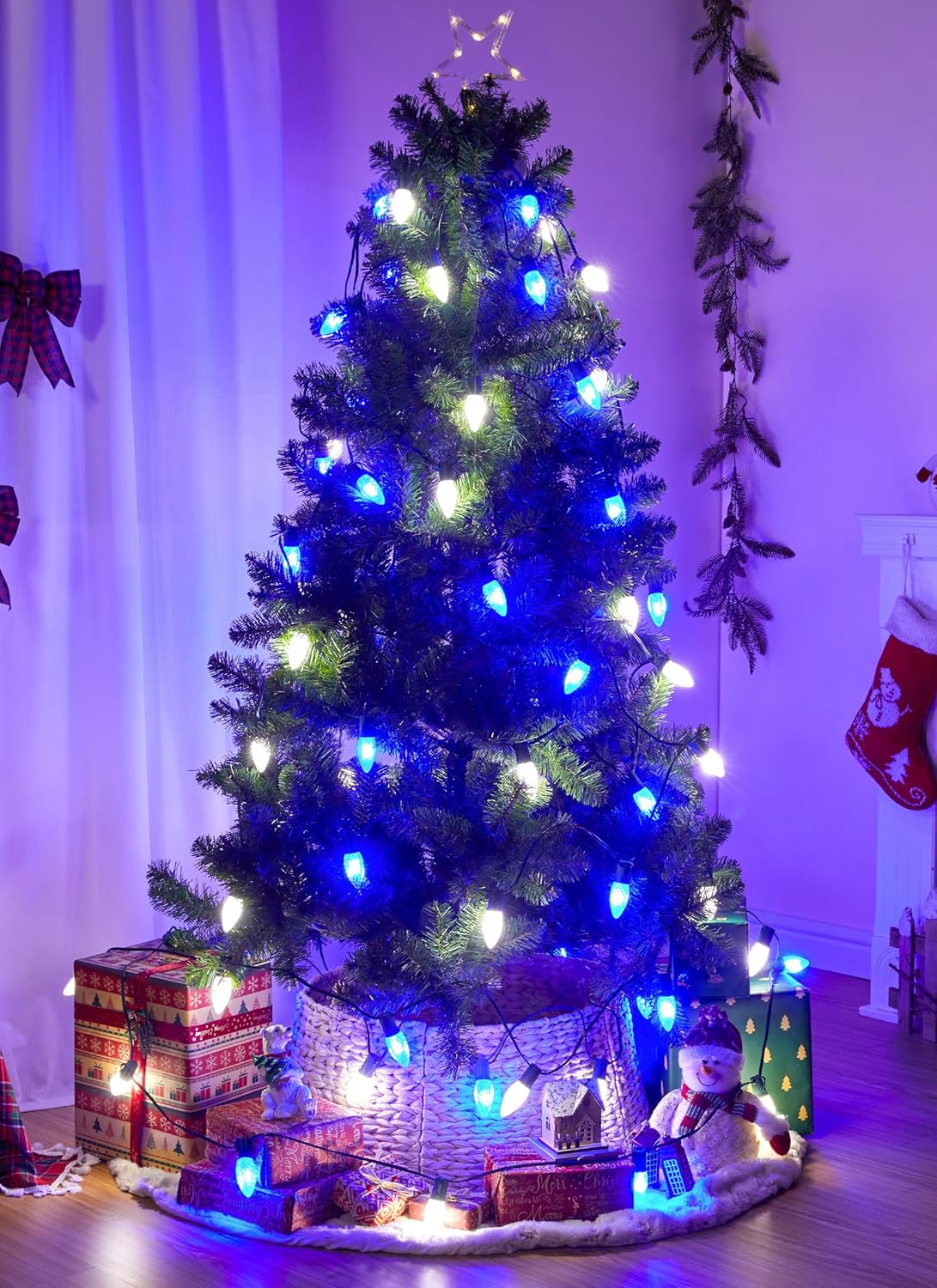 Outdoor Christmas Lights - 100 Ft LED String Lights with Blue & White Strawberry C9 Bulbs, Waterproof Connectable UL Certified for Indoor/Outdoor Use