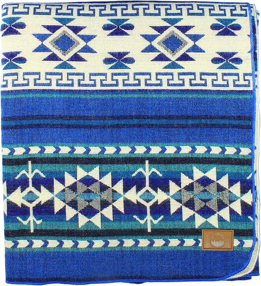 Inca Aztec Throw, Queen, King Blanket | Southwest Indian Navajo Boho Style | Native Cover for Camping, Bedding, Couch, Vanlife | Faux Alpaca, Lightweight, Hypoallergenic (Kocha Blue, Queen)