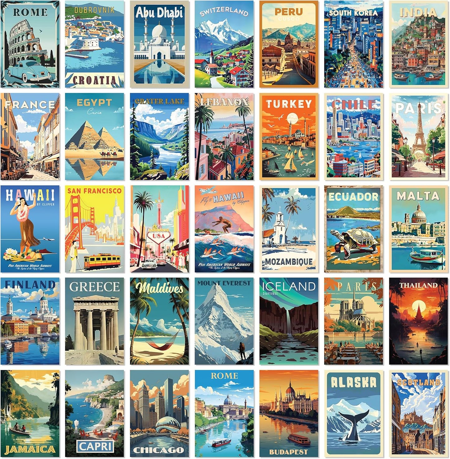 97 Decor Vintage Travel Decor - Travel Posters Wall Art Prints, Vintage Postcards from Around The World, City Landscape Aesthetic Pictures Retro Popular Cities Photo Collage Kit for Teen Bedroom (4x6)